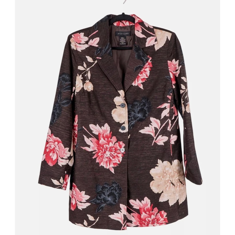 Silk Land Blazer Small Womens Silk Floral Brown Pink Long Jacket Collar Buttons
